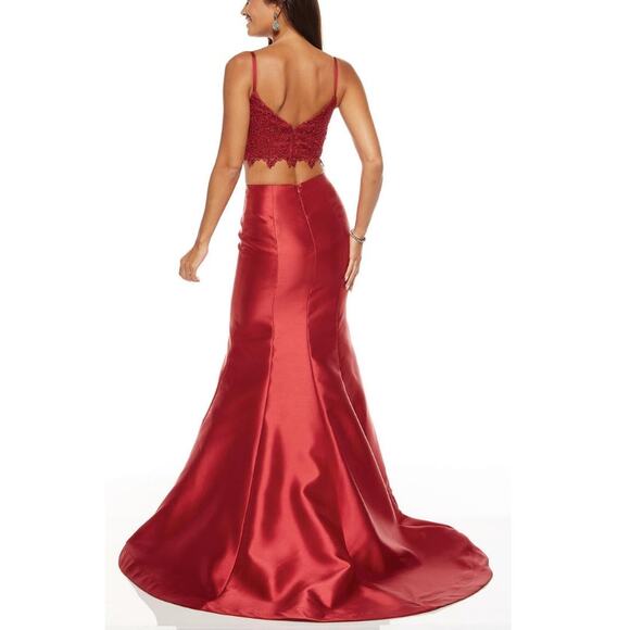 ALYCE PARIS Women's Wine Lace Croptop Mikado Mermaid Two-Piece Gown Size 000 - Picture 2 of 11